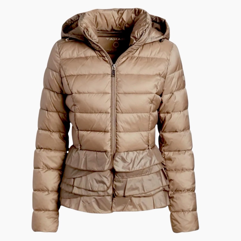 Tahari Women's Puffer Coat Hooded Ruffle Hem Zoey Ruffled-Hem Beige Size XXL